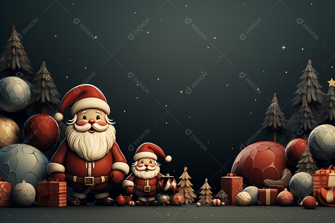 Banner de Natal Papai Noel celebra com caixas de presente, galhos de árvores de abeto e enfeites vermelhos, fundo de cor escura