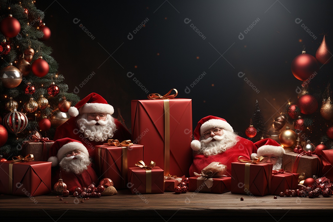 Banner de Natal Papai Noel celebra com caixas de presente, galhos de árvores de abeto e enfeites vermelhos, fundo de cor escura