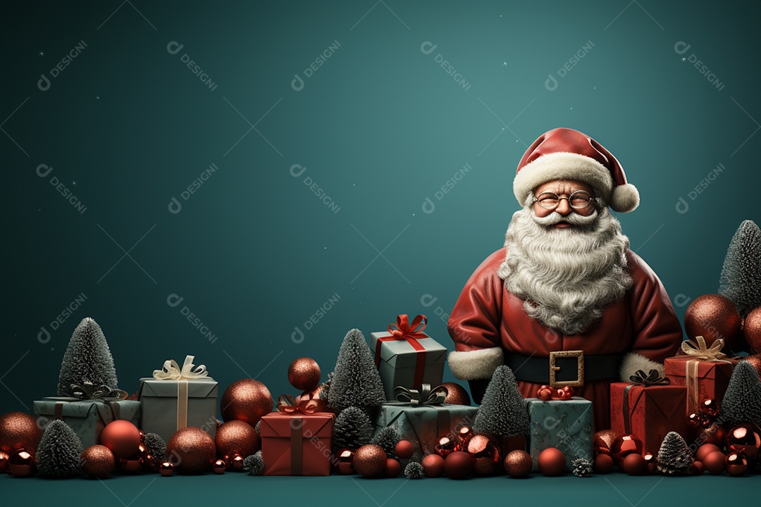 Banner de Natal Papai Noel celebra com caixas de presente, galhos de árvores de abeto e enfeites vermelhos, fundo de cor escura