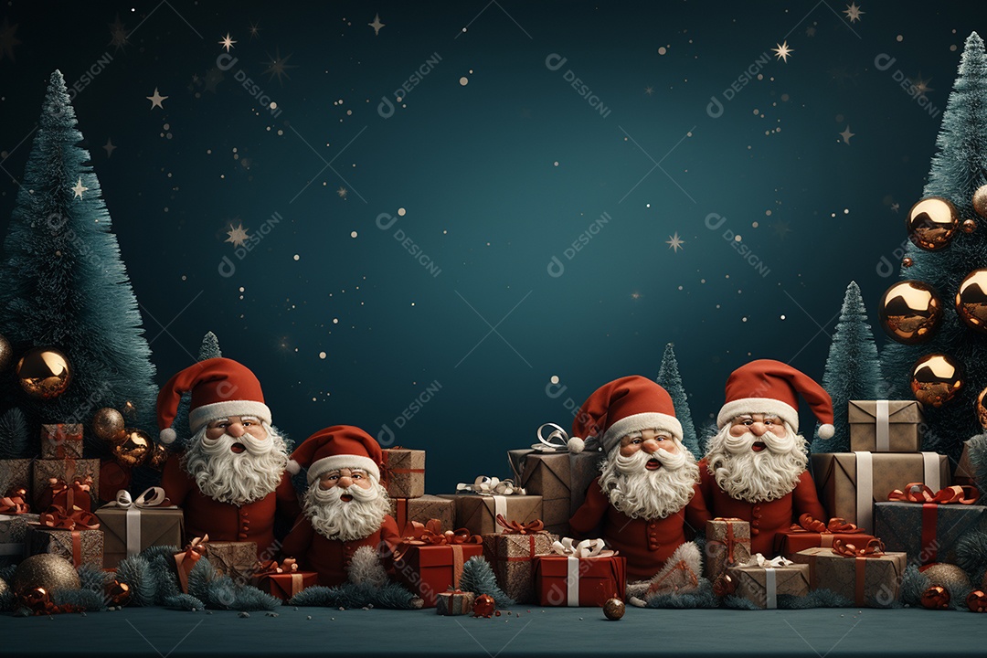 Banner de Natal Papai Noel celebra com caixas de presente, galhos de árvores de abeto e enfeites vermelhos, fundo de cor escura