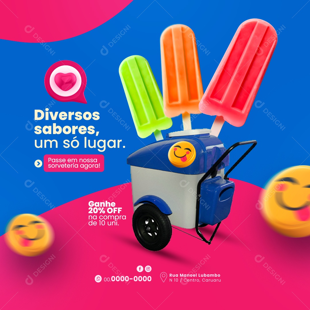 Sorveteria Picolé Diversos Sabores um Só Lugar Ganhe 20% Off Social Media PSD Editável