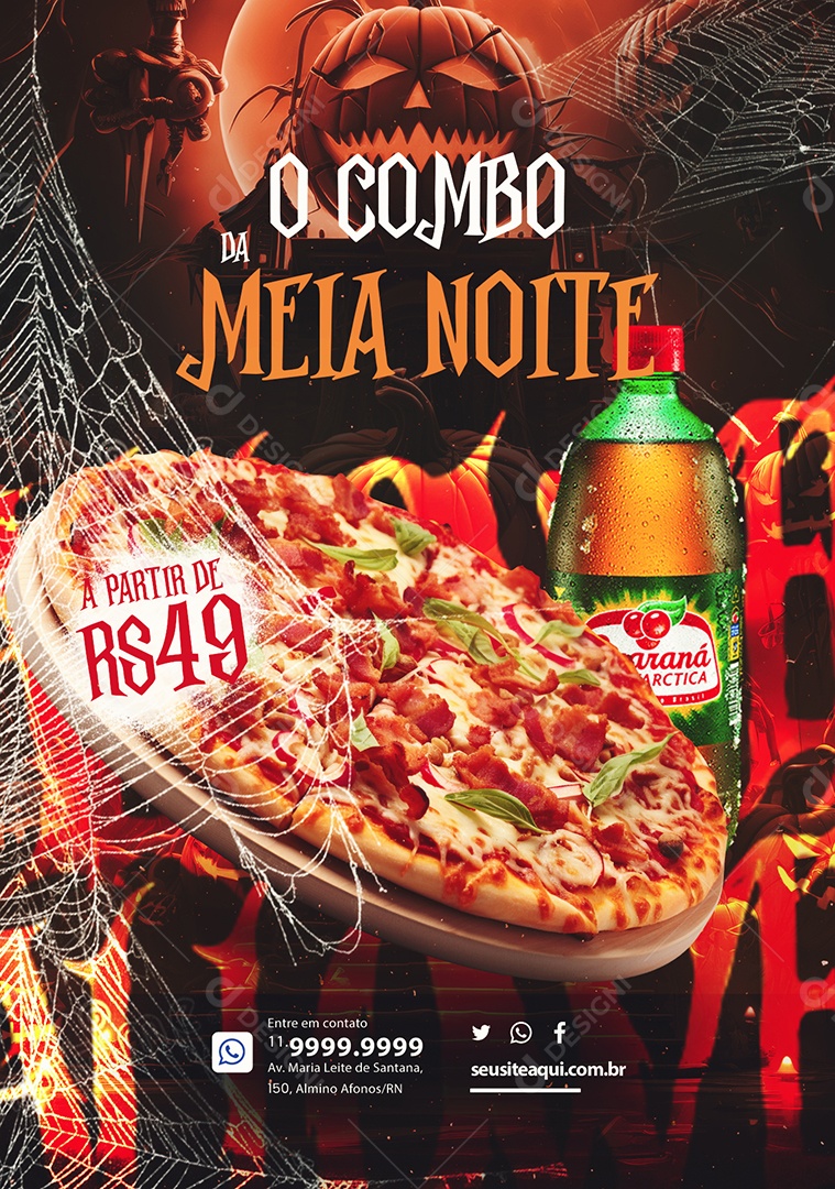 Halloween Pizzaria O Combo da Meia Noite Refrigerante e Pizza Social Media PSD Editável