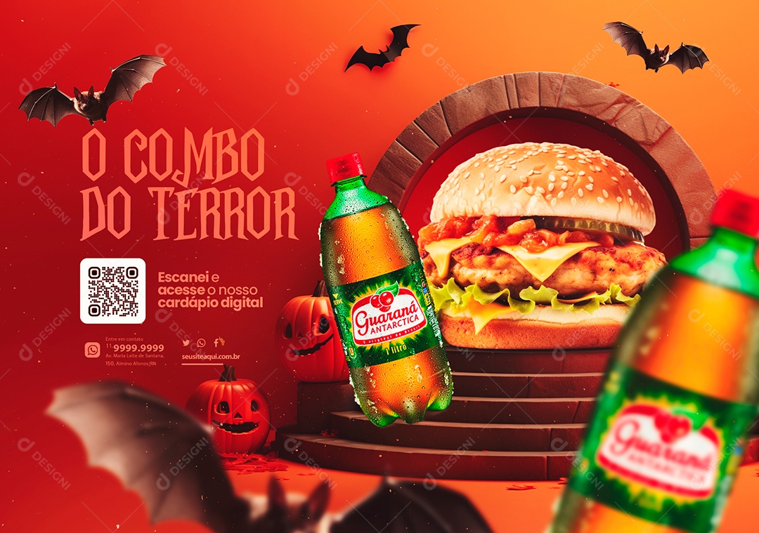 Banner Halloween Hamburgueria O Combo do Terror Refrigerante e Hambúrguer Social Media PSD Editável