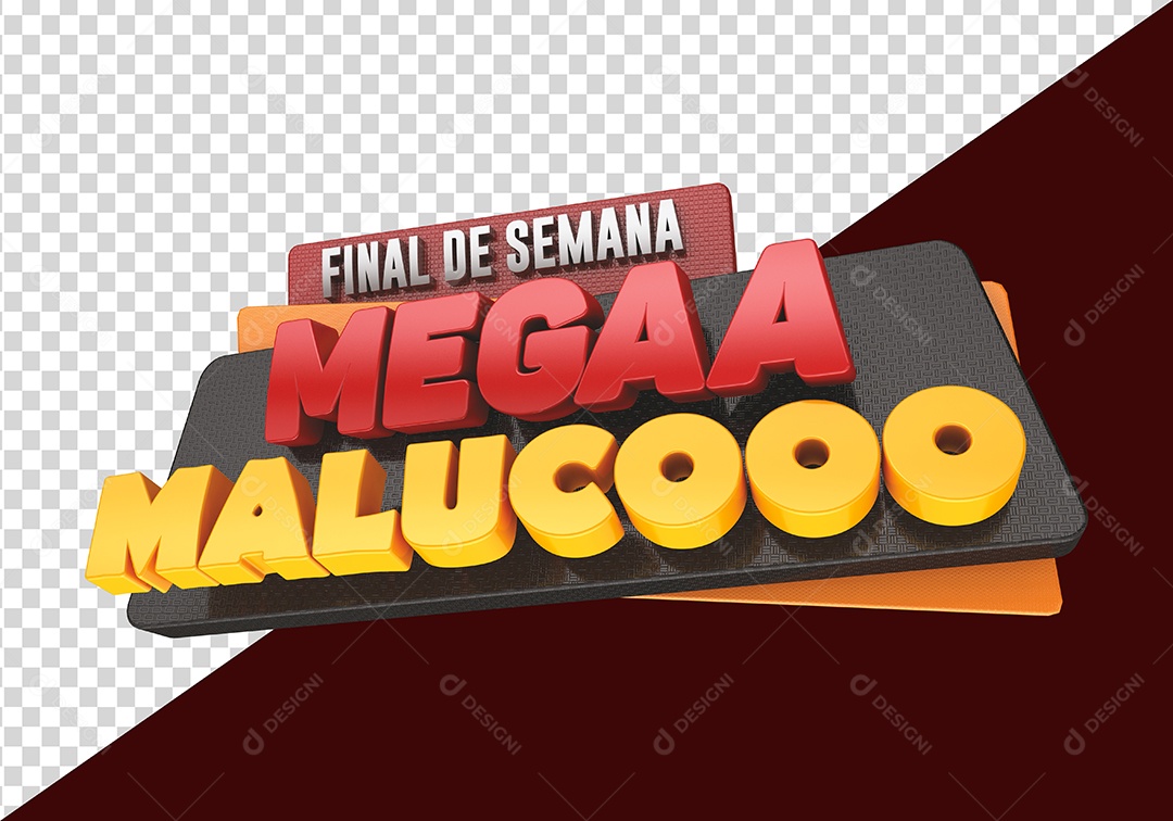Final de Semana Mega Maluco Selo 3D Vermelho Dourado para Composição PSD