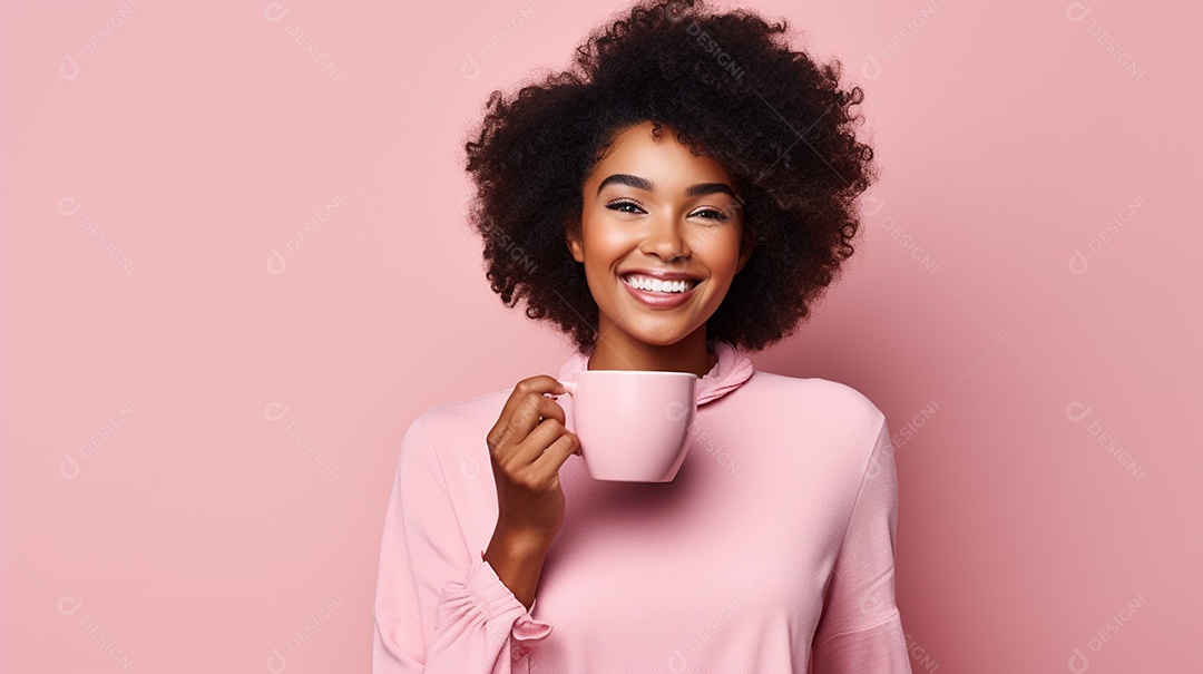 Mulher negra feliz com café