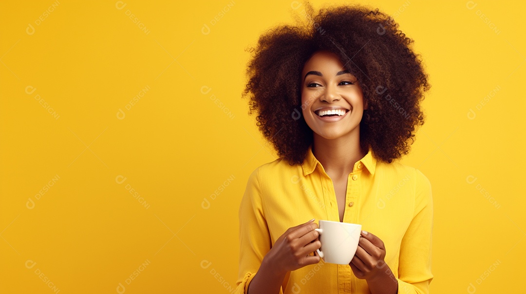 Mulher negra feliz com café