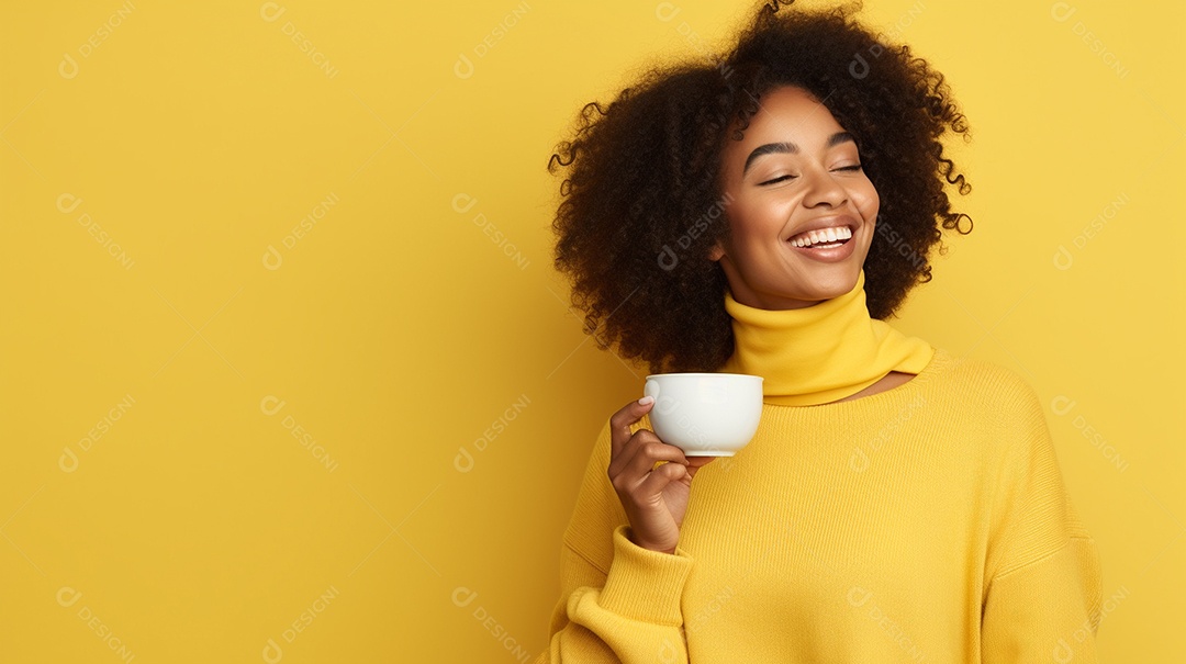 Mulher negra feliz com café