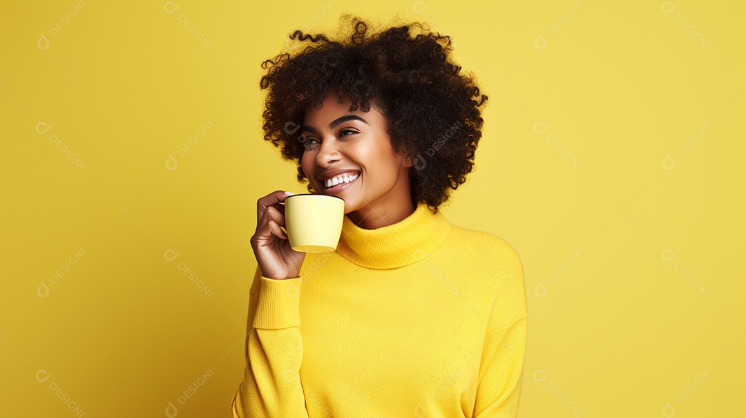 Mulher negra feliz com café