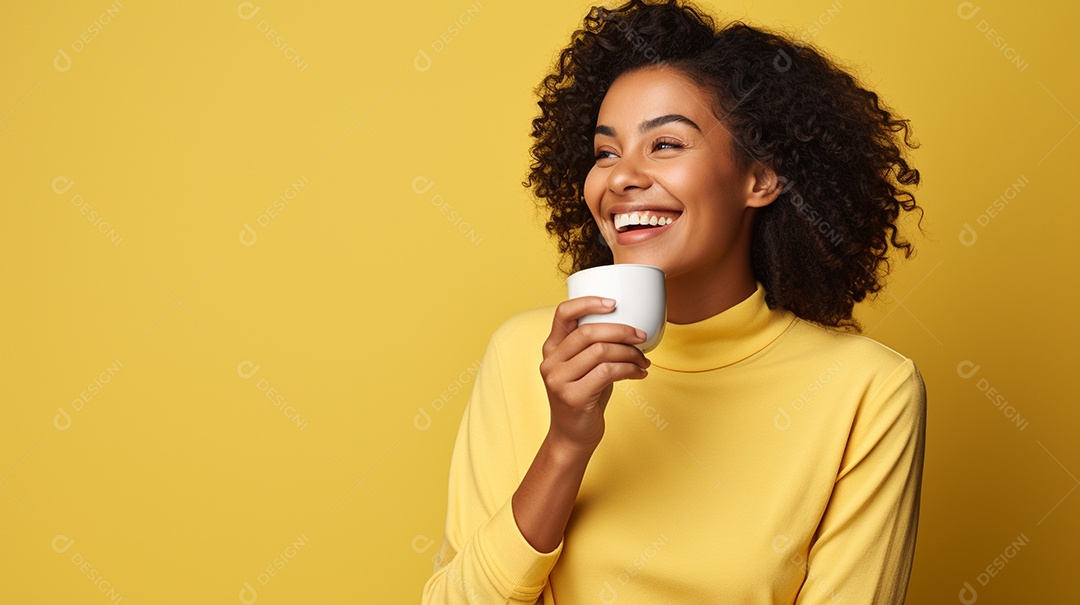 Mulher negra feliz com café