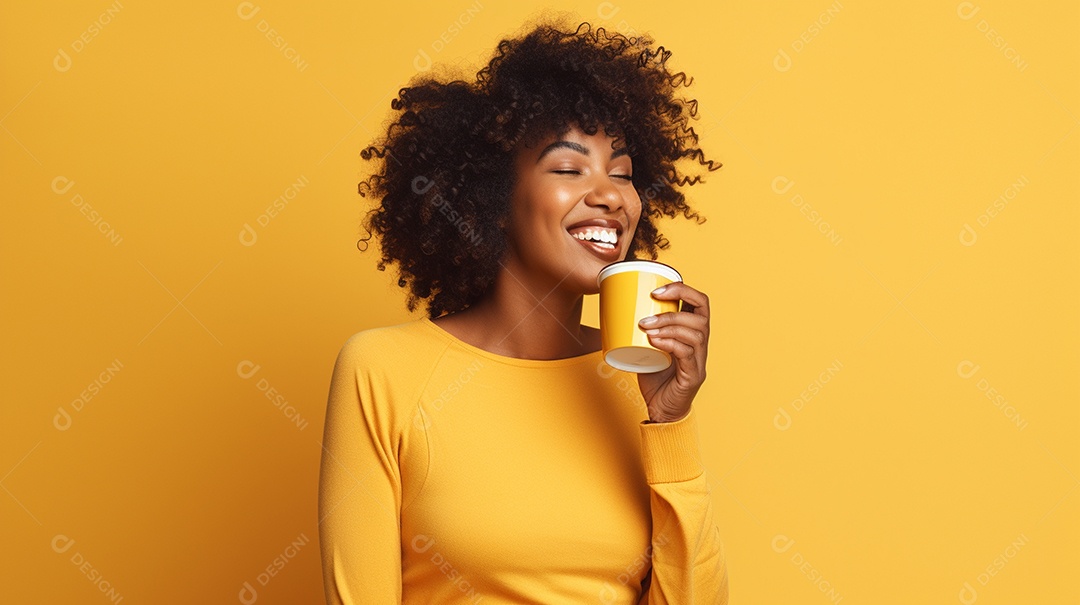 Mulher negra feliz com café
