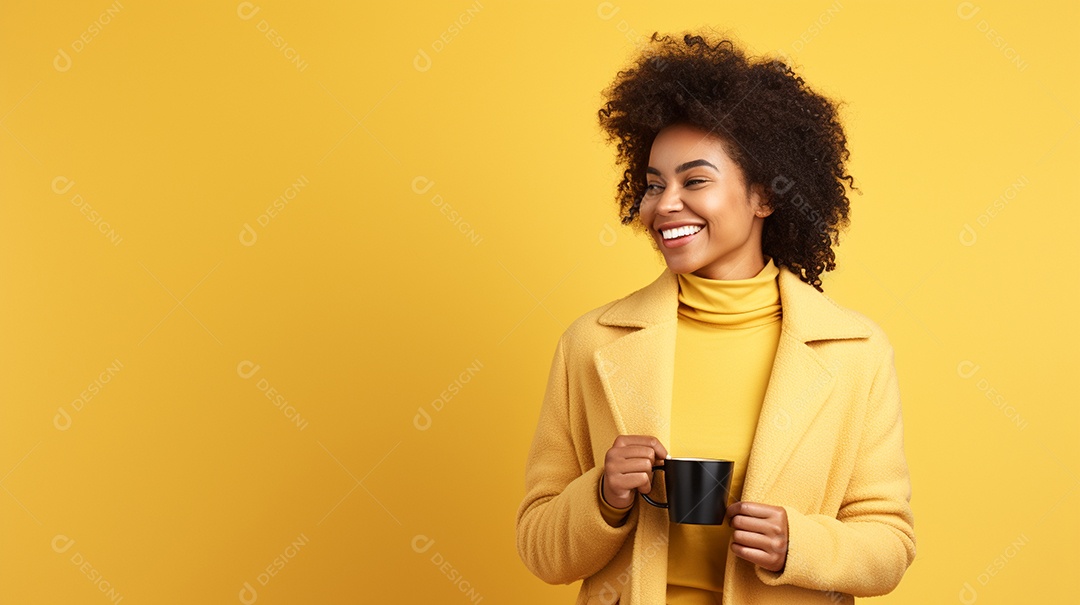 Mulher negra feliz com café