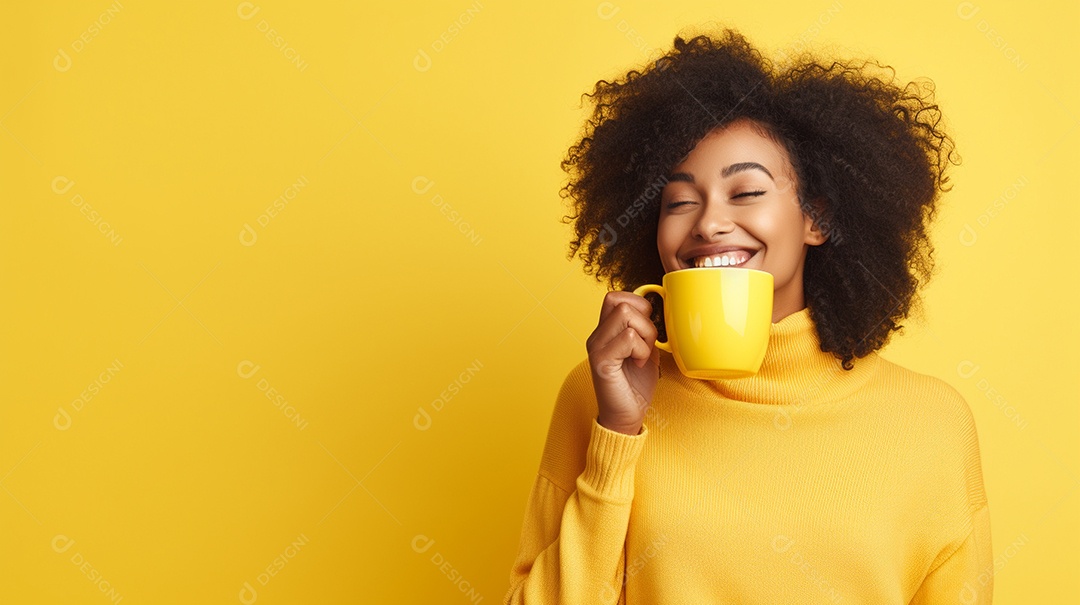 Mulher negra feliz com café