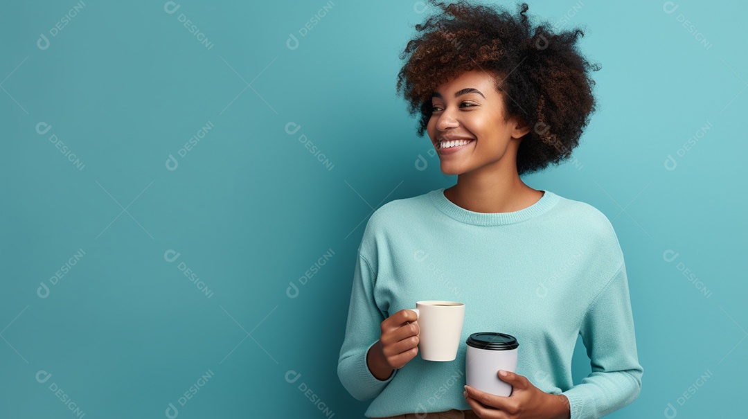 Mulher negra feliz com café