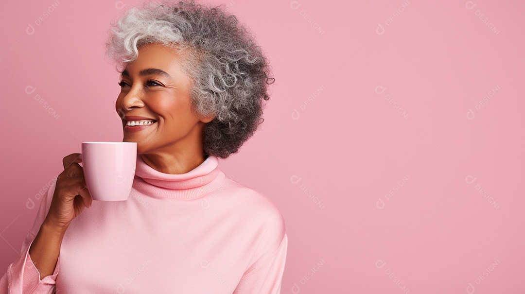 Mulher negra feliz com café