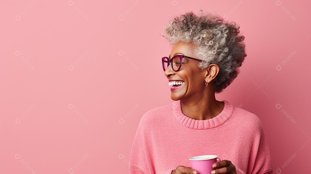 Mulher negra feliz com café