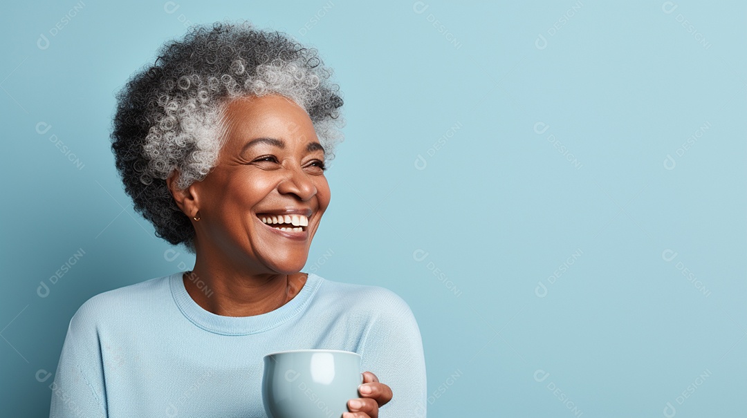 Mulher negra feliz com café