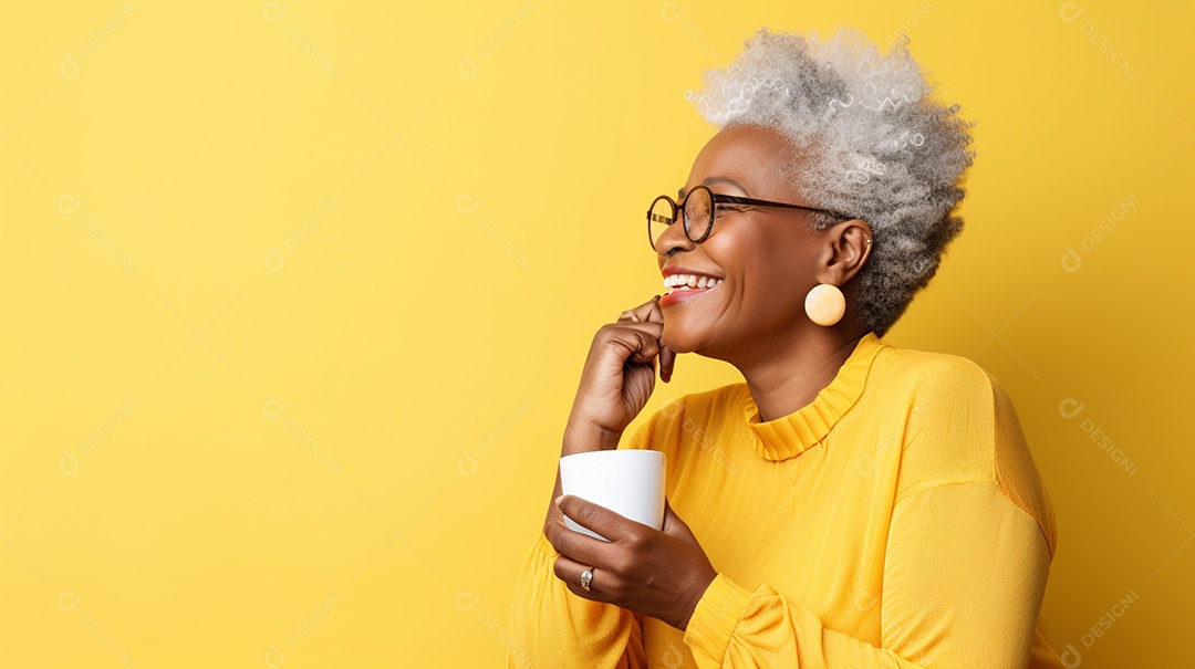 Mulher negra feliz com café