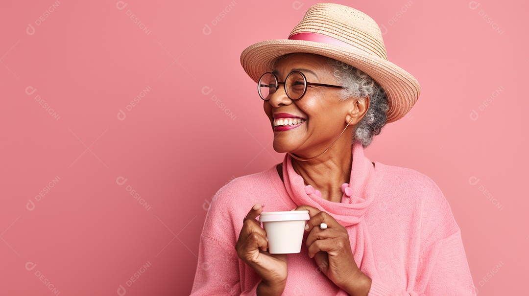 Idosa segurando copo de café sobre fundo isolado