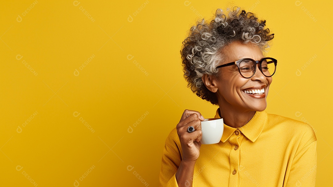 Mulher negra feliz com café