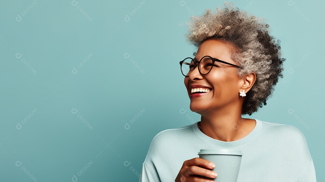 Mulher negra feliz com café