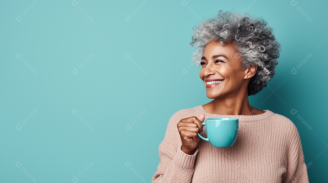 Mulher negra feliz com café