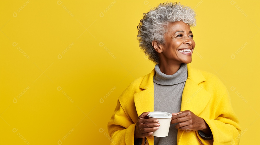 Mulher negra feliz com café