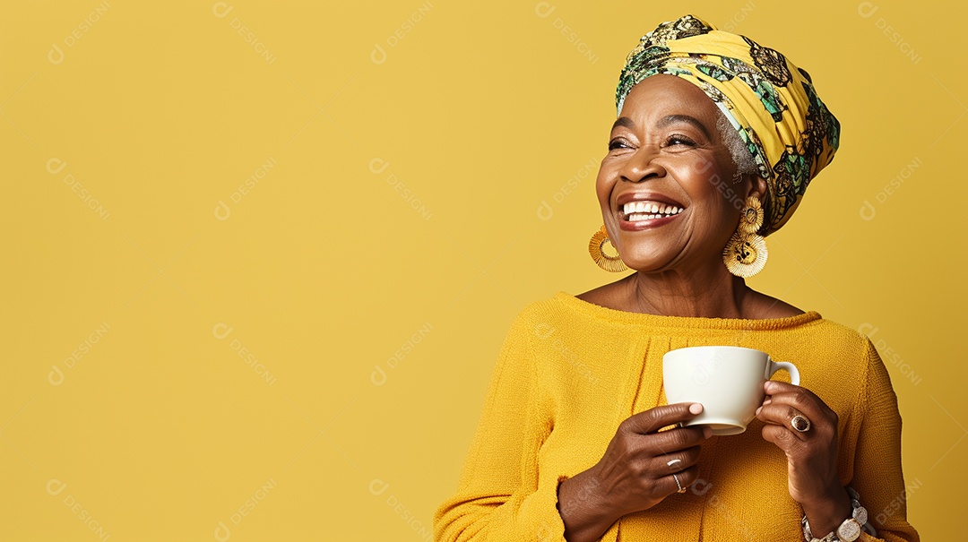 Mulher negra feliz com café