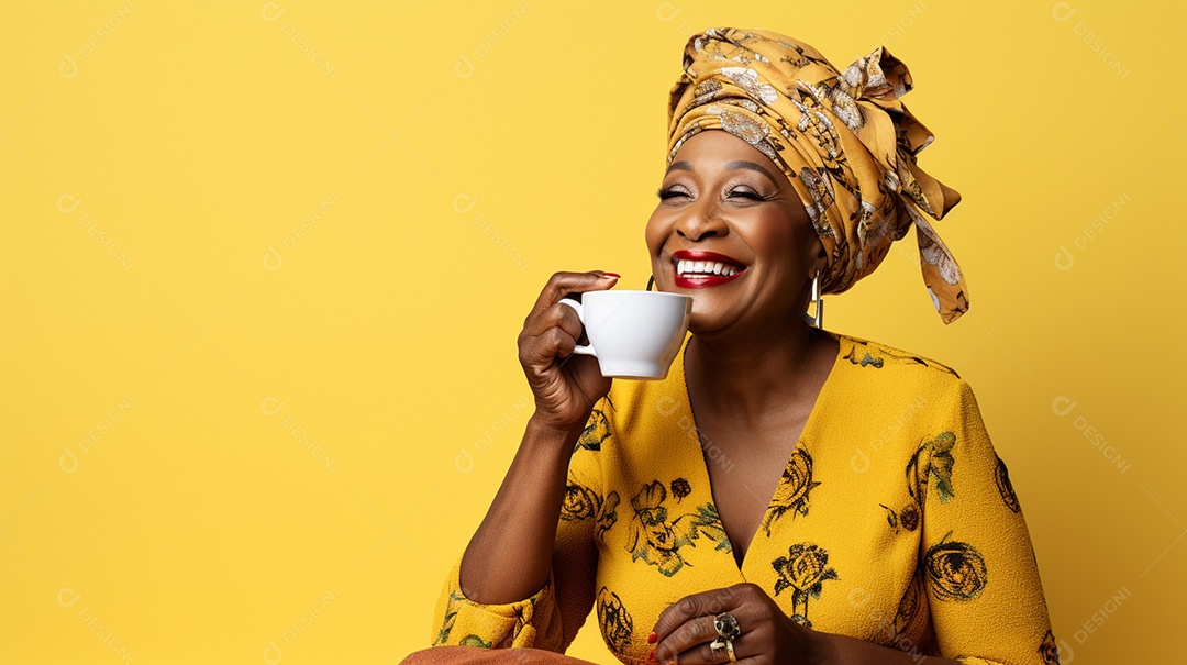 Mulher negra feliz com café
