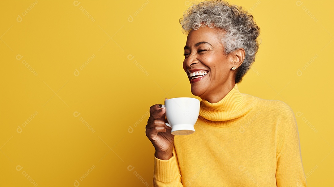 Mulher negra feliz com café