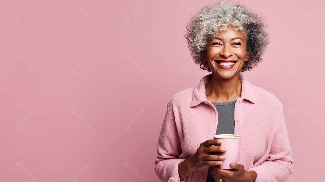 Mulher negra feliz com café