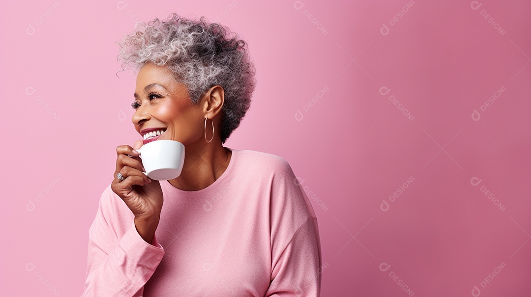 Mulher negra feliz com café