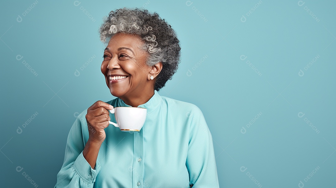 Mulher negra feliz com café