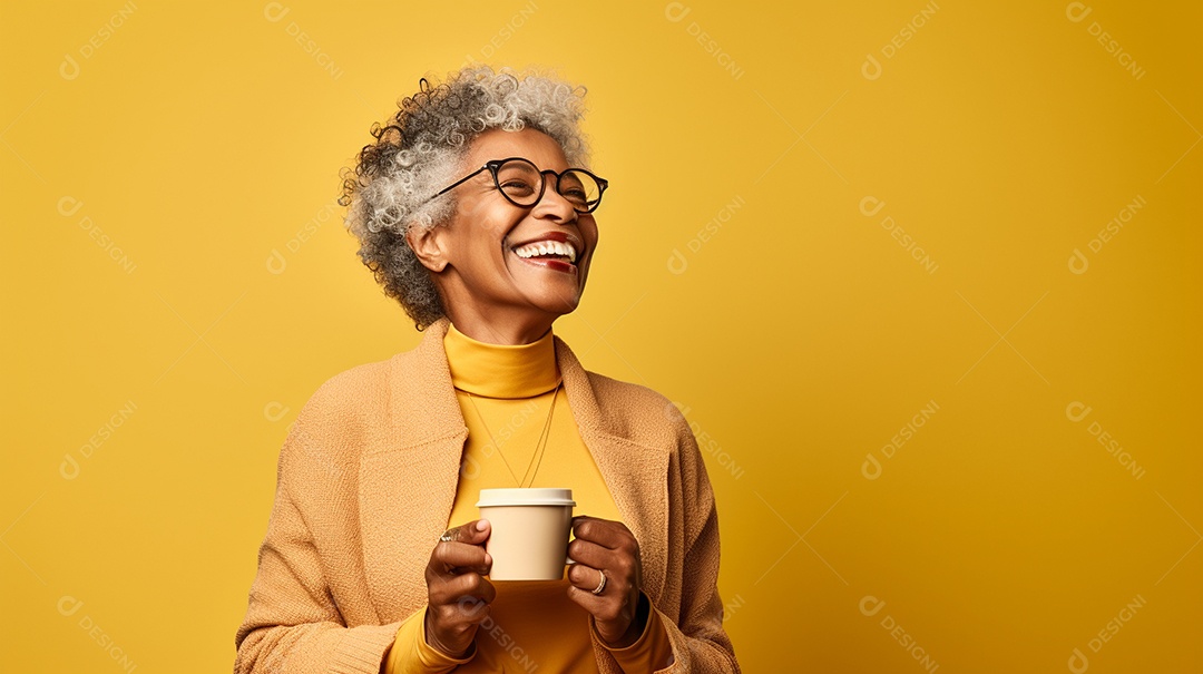 Idosa segurando copo de café sobre fundo isolado