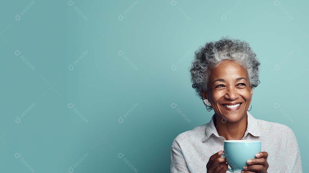 Idosa segurando copo de café sobre fundo isolado