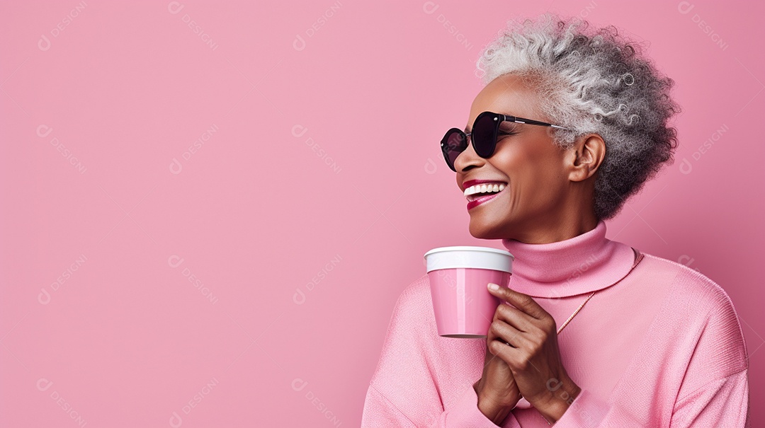 Idosa segurando copo de café sobre fundo isolado
