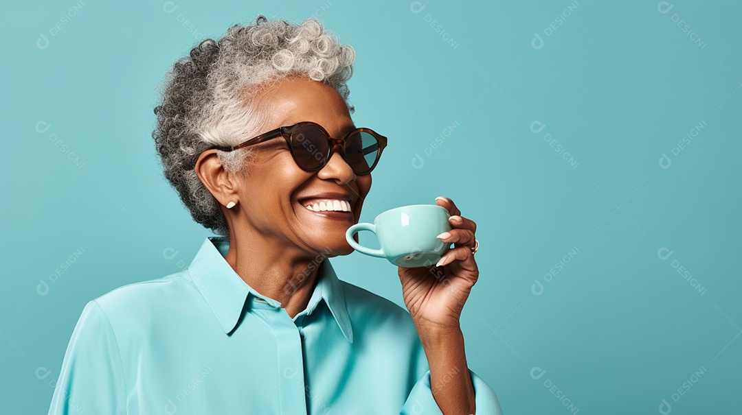 Idosa segurando copo de café sobre fundo isolado