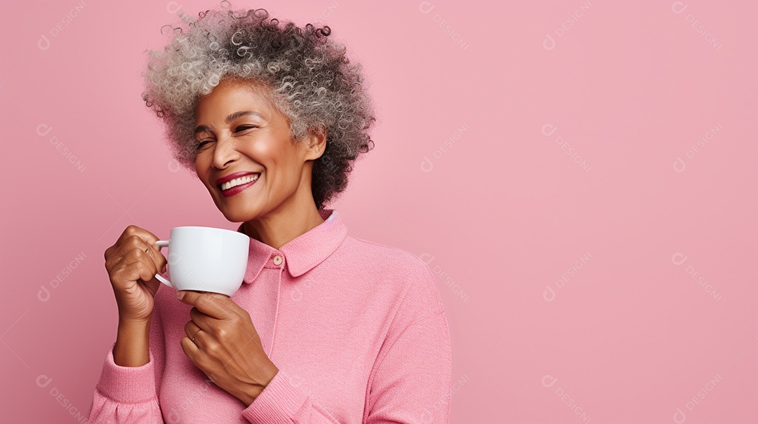 Idosa segurando copo de café sobre fundo isolado
