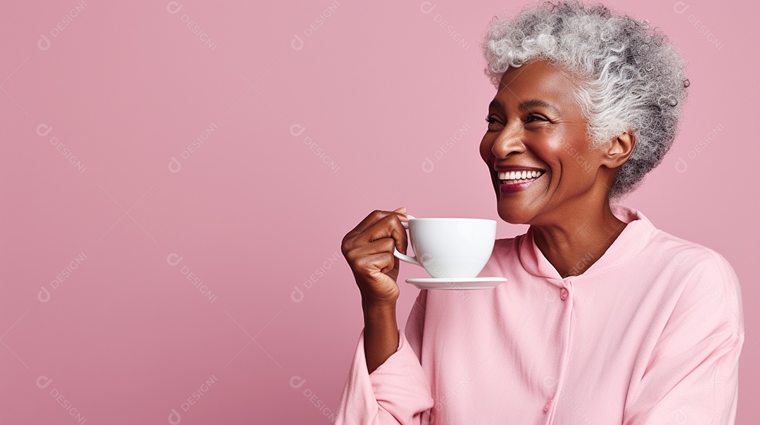 Idosa segurando copo de café sobre fundo isolado