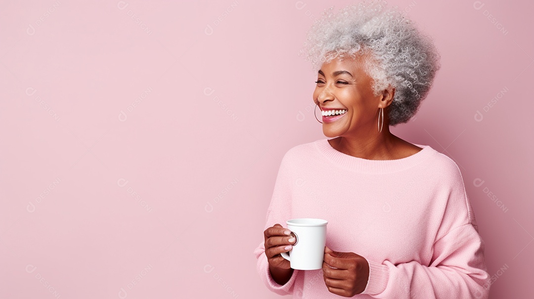 Idosa segurando copo de café sobre fundo isolado