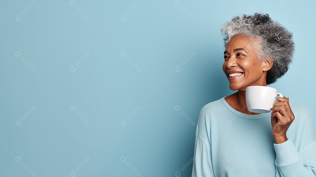 Idosa segurando copo de café sobre fundo isolado