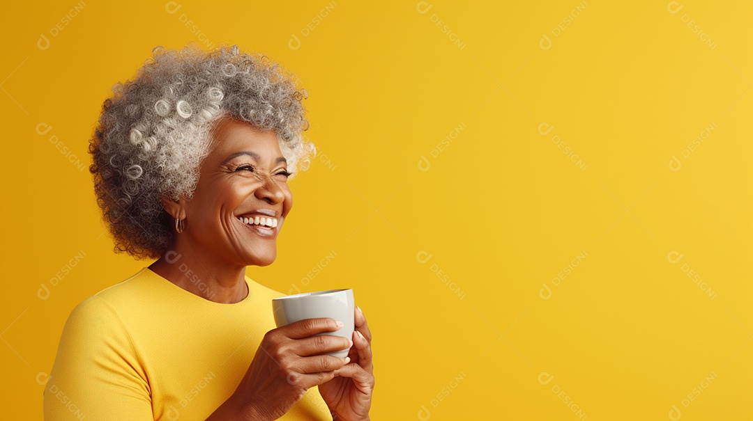 Idosa segurando copo de café sobre fundo isolado