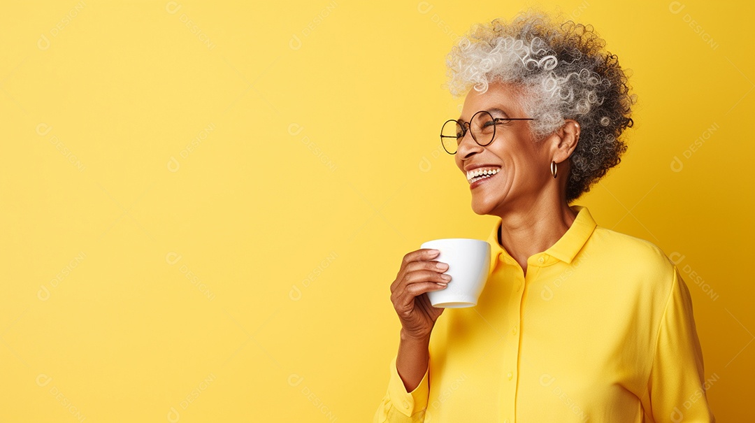Idosa segurando copo de café sobre fundo isolado