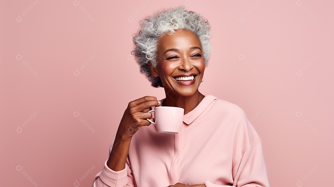 Idosa segurando copo de café sobre fundo isolado