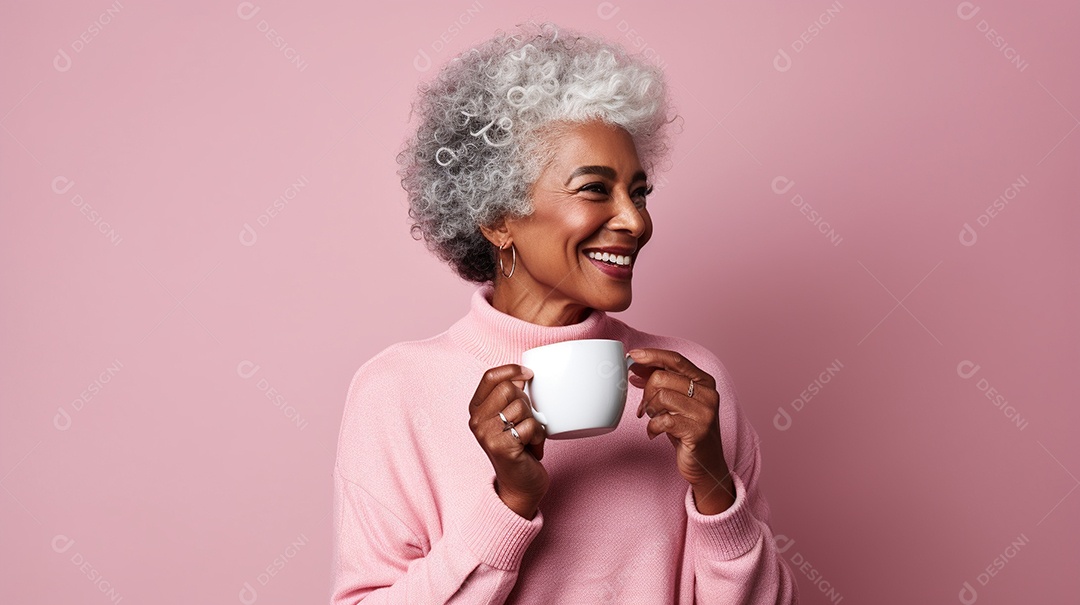 Idosa segurando copo de café sobre fundo isolado