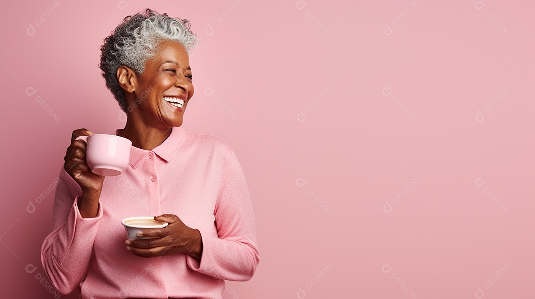 Idosa segurando copo de café sobre fundo isolado