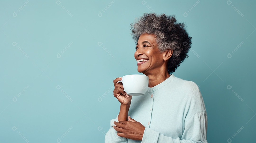 Idosa segurando copo de café sobre fundo isolado