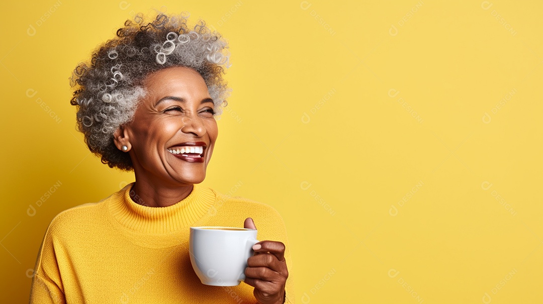 Idosa segurando copo de café sobre fundo isolado