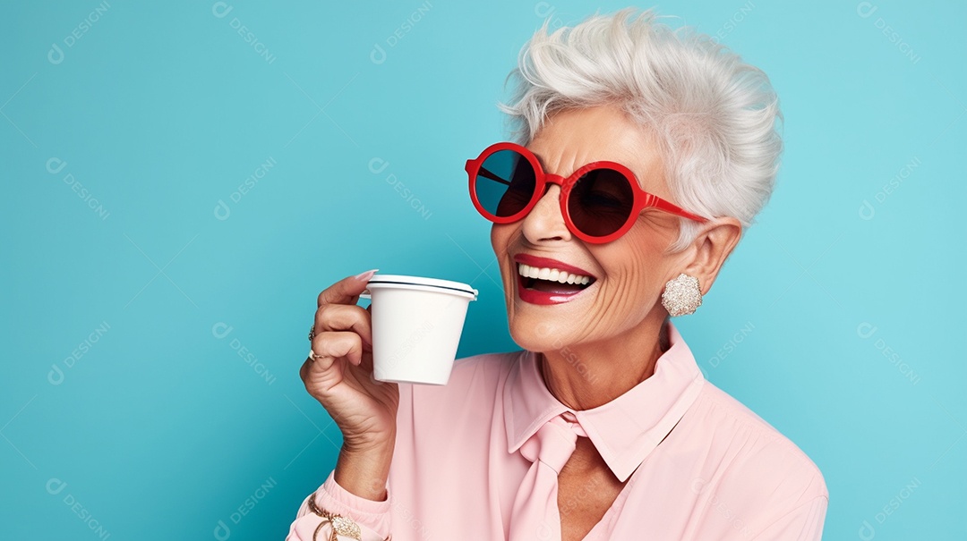 Idosa segurando copo de café sobre fundo isolado