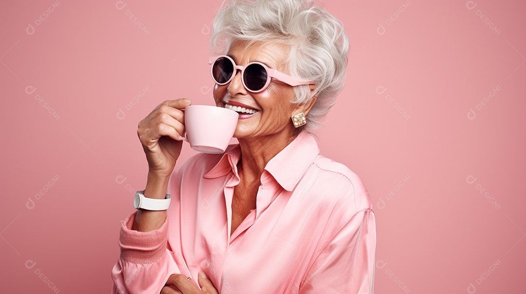 Idosa segurando copo de café sobre fundo isolado