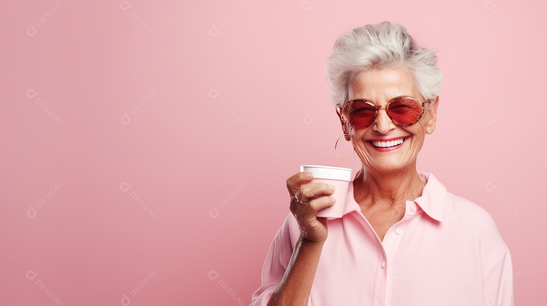 Idosa segurando copo de café sobre fundo isolado